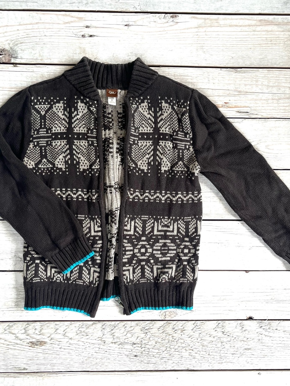Tea Collection Charcoal Nordic Zip Sweater with Turquoise Trim
